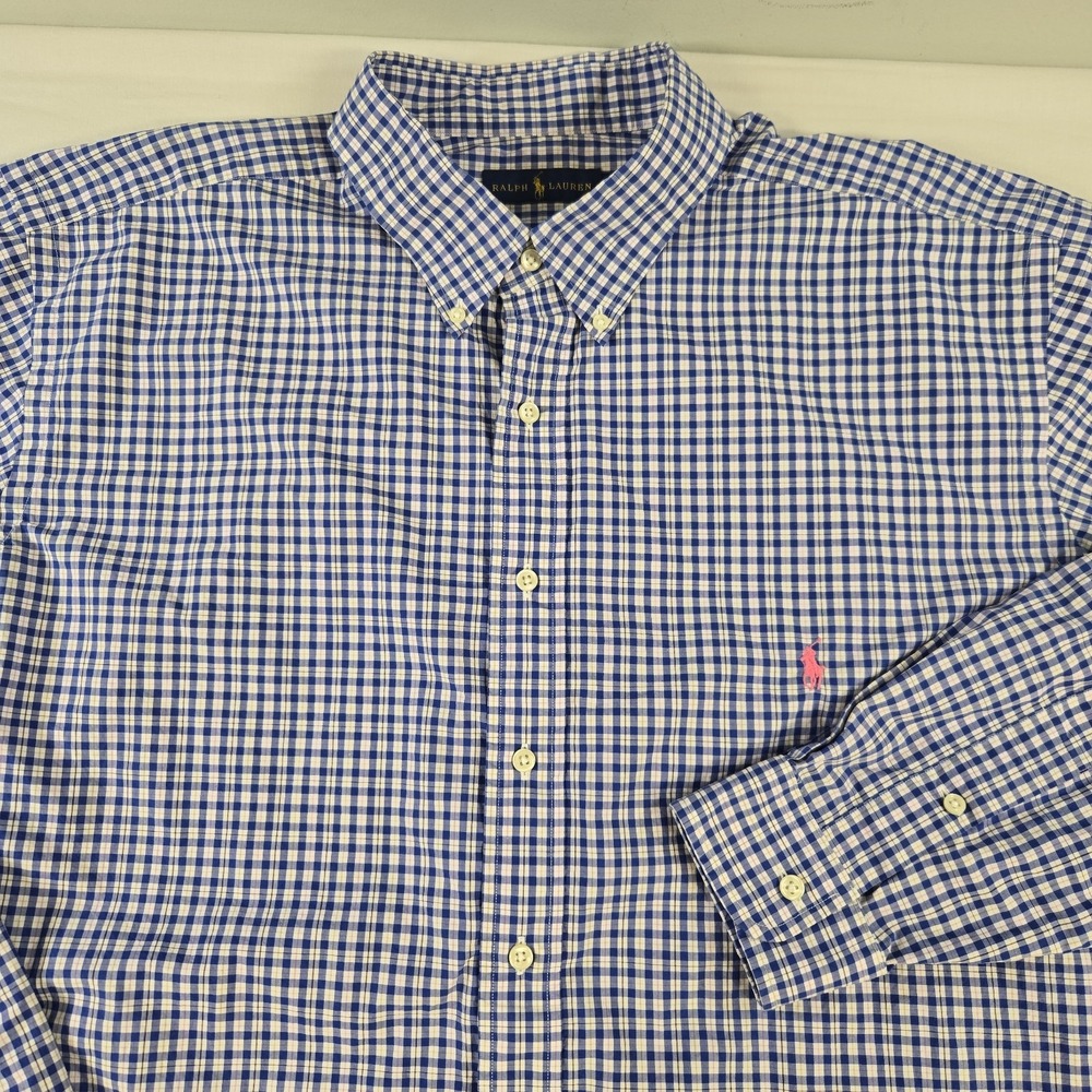 Polo Ralph Lauren Mens 2XLT Blue Gingham Check Button Down Long Sleeve Pony